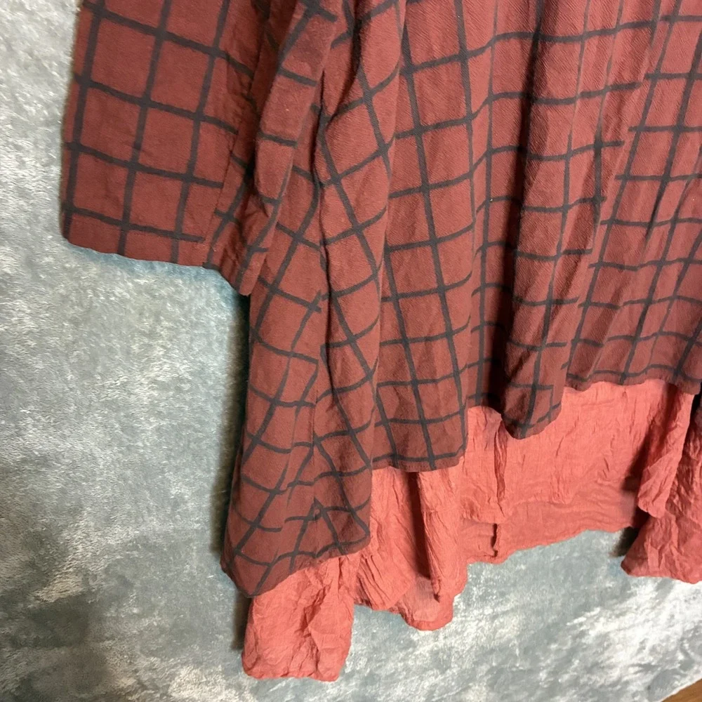 Womens Grid Plaid Midi Dress XL* Lagenlook Layered Artsy Mori Kei Earthy Neutral